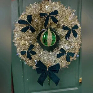 Vintage Christmas wreath green bows with  silver tinsel